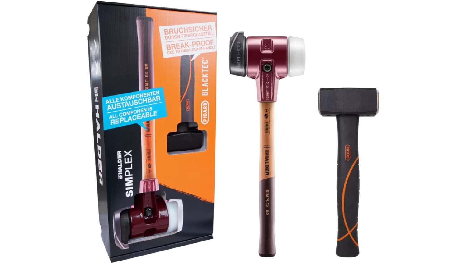 Aktionsbox, SIMPLEX-Schonhammer D80, Gummikomposition mit Standfuß / Superplastik und PICARD-Fäustel BlackTec® | 3027s023