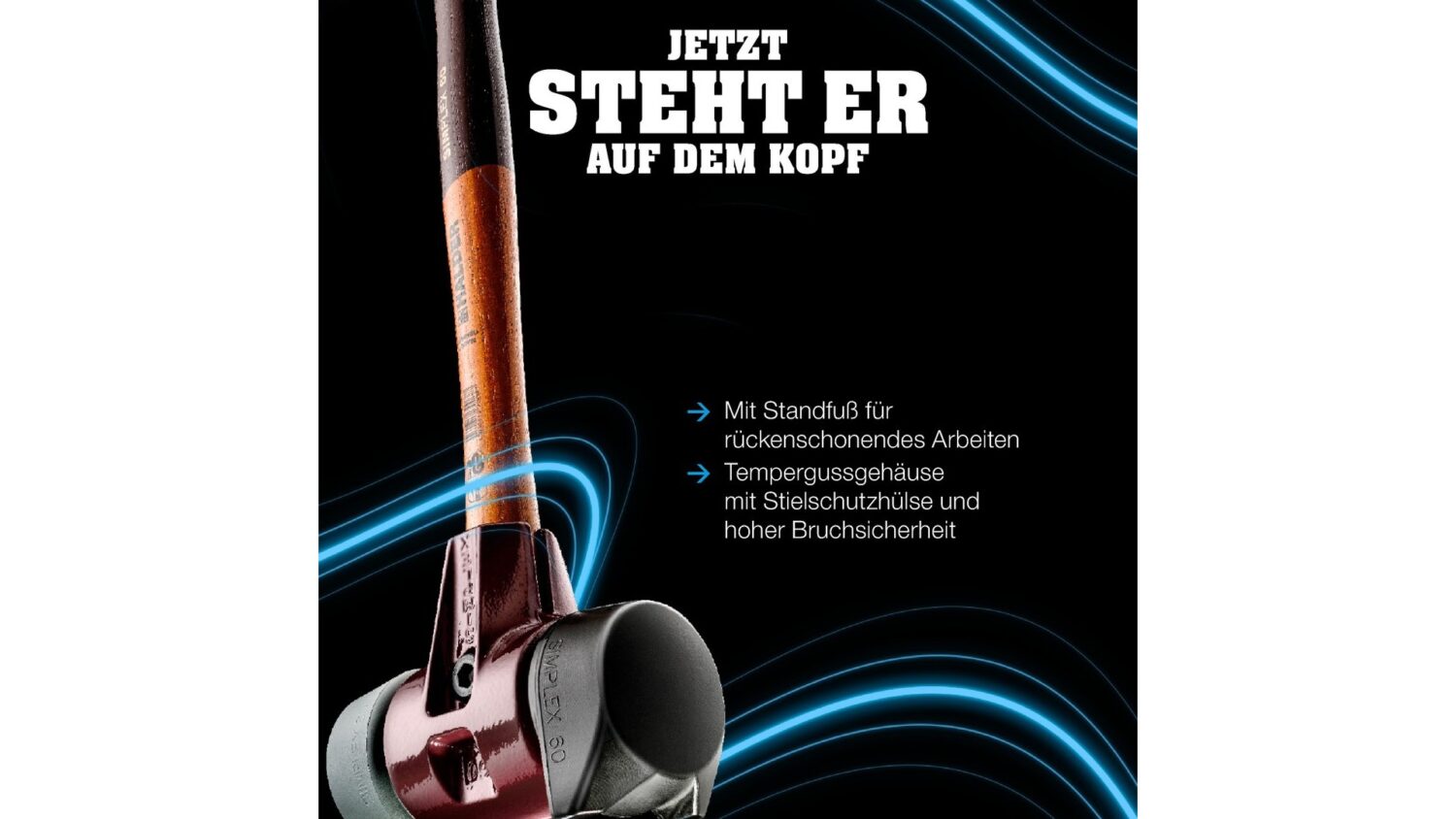 SIMPLEX-Schonhammer, Gummikomposition, mit Standfuß; mit Tempergussgehäuse und hochwertigem Holzstiel | D=60 mm | 3022.260 – Bild 6