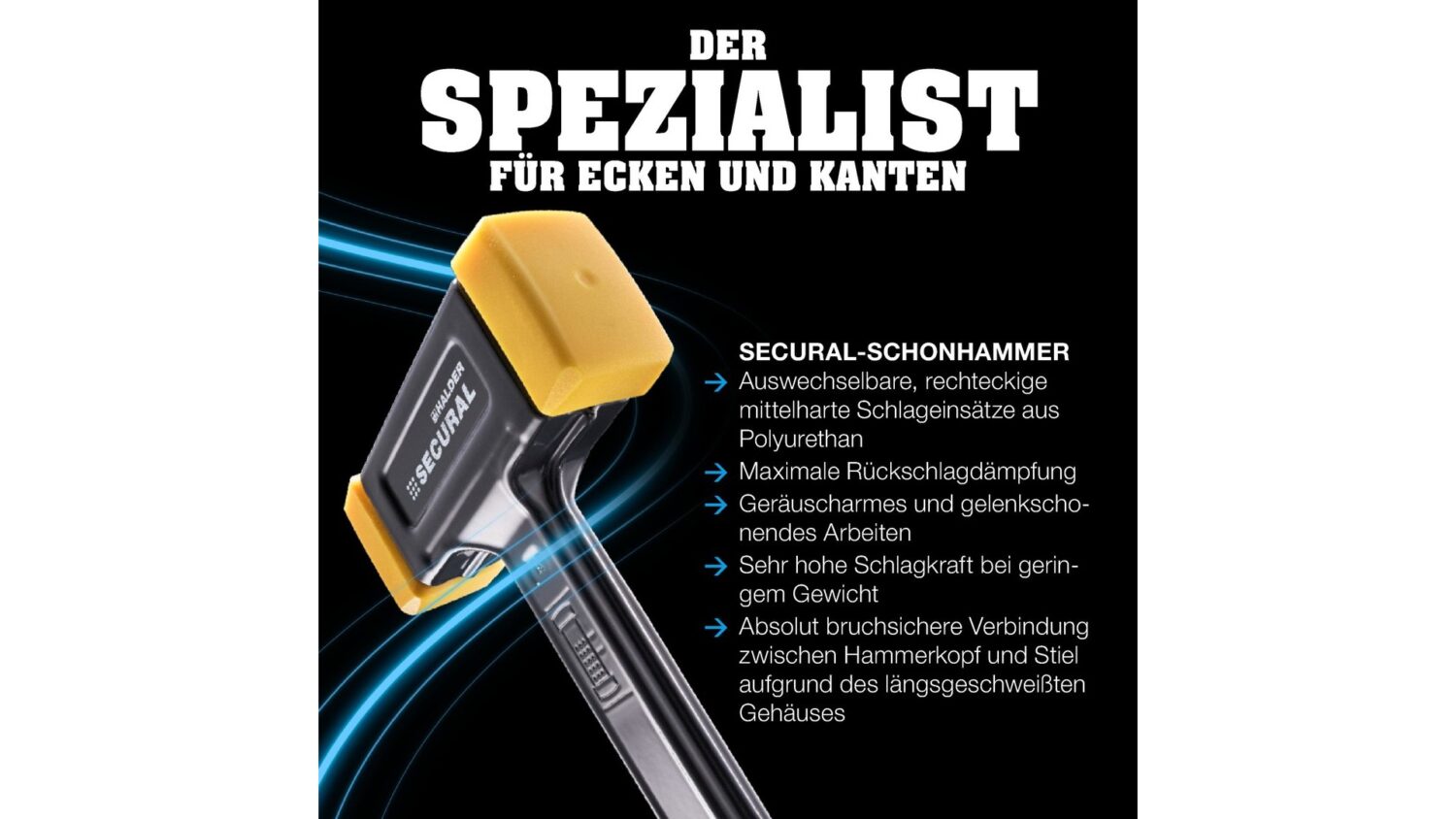 SECURAL-Schonhammer, Kopf und Stiel bruchsicher aus einem Stück Stahl, Schlageinsätze rechteckig | l=30 mm / b=40 mm | 3380.040 – Bild 2