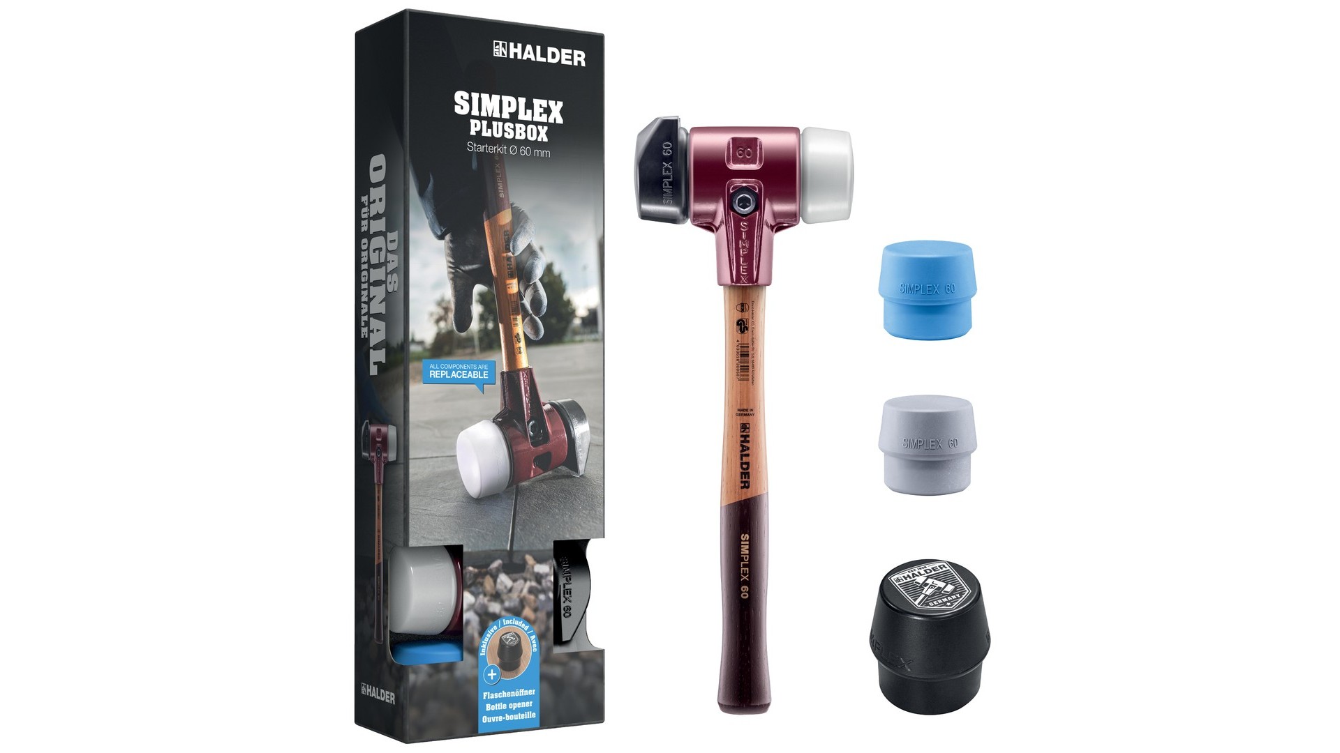 Aktionsbox, SIMPLEX-Schonhammer D60, Gummikomposition mit Standfuß / Superplastik sowie je ein TPE-soft und TPE-mid Schlageinsatz plus Flaschenöffner | 3027s026